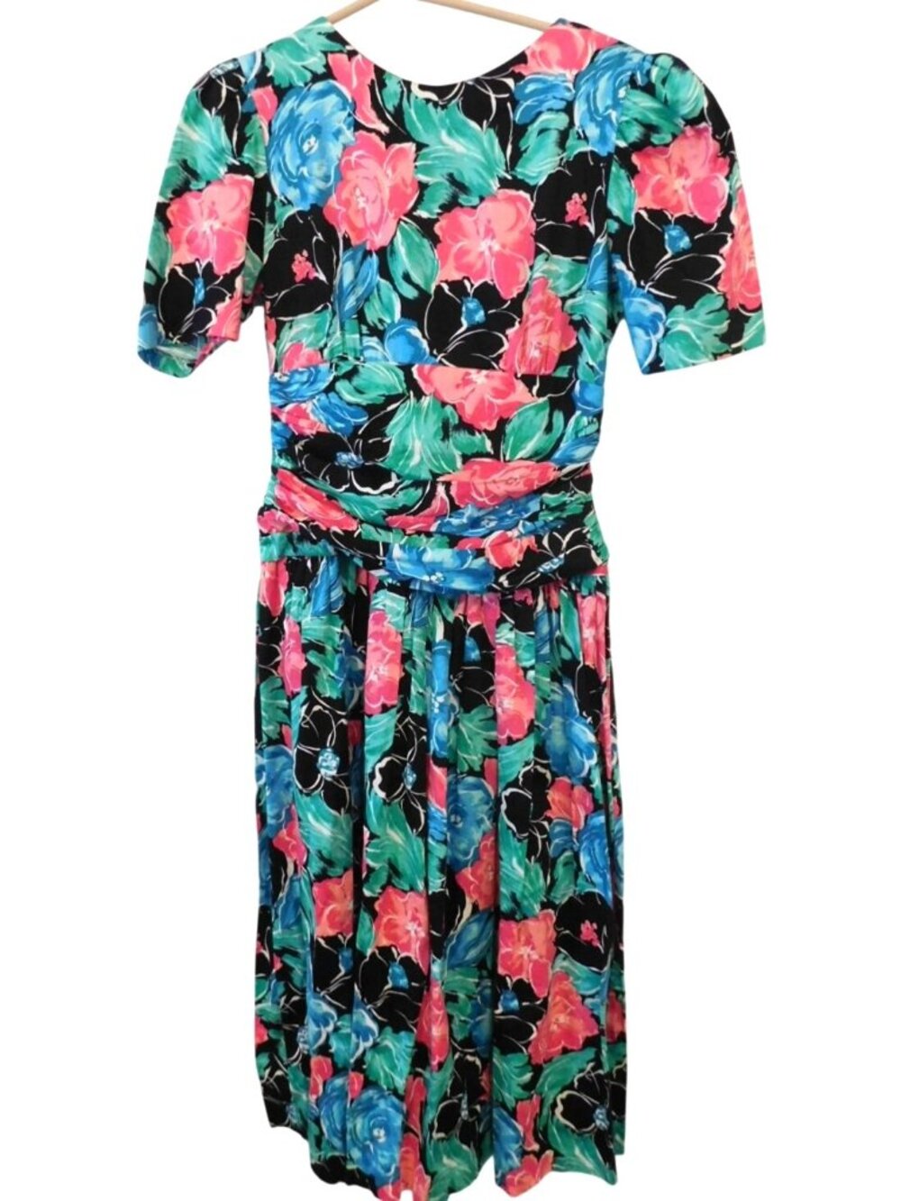 Vintage Patty ONeil Sz 6 Bold Floral Print Midi Dress Puff Sleeves Bow 1980s